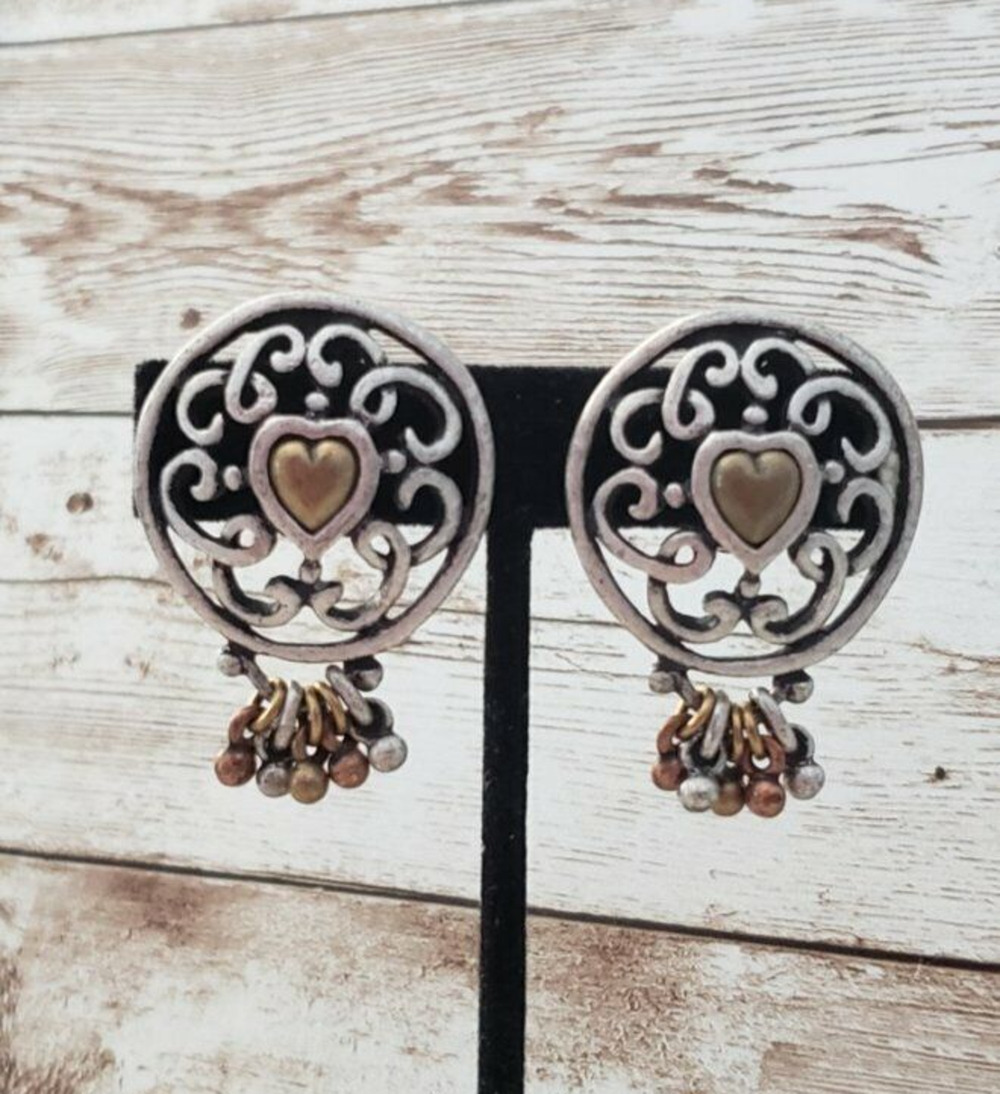 Vintage Guess Clip On Earrings Ornate Heart Dangle Statement